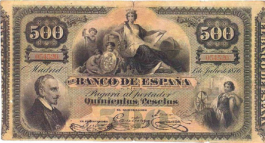 Anverso del billete de 500 pesetas del Banco de España de 1876, Lope de Vega