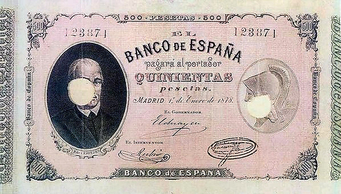 Anverso del billete de 500 pesetas del Banco de España de 1878, Pablo de Céspedes