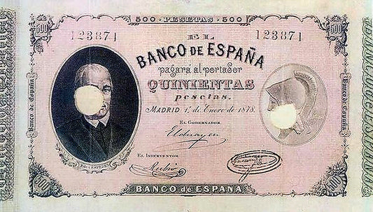 Anverso del billete de 500 pesetas del Banco de España de 1878, Pablo de Céspedes