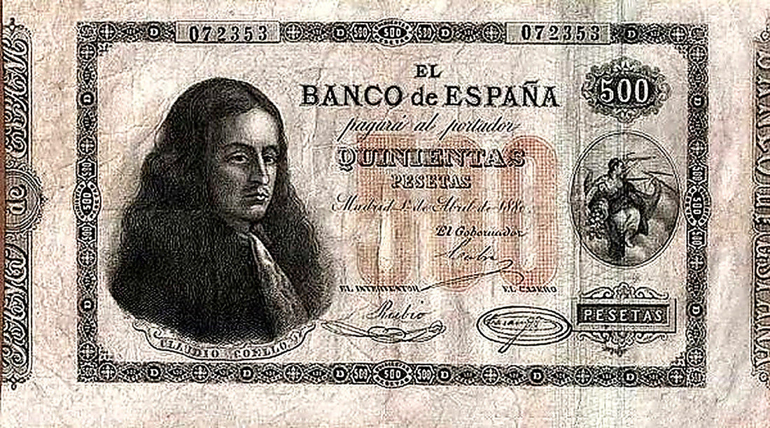 Anverso del billete de 500 pesetas del Banco de España de 1880, Claudio Coello