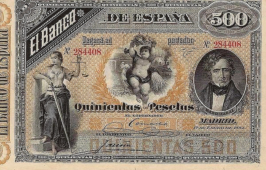 Anverso del billete de 500 pesetas del Banco de España del 1 de enero de 1884, Mendizábal
