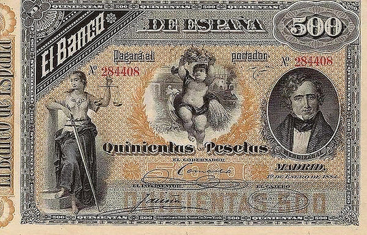 Anverso del billete de 500 pesetas del Banco de España del 1 de enero de 1884, Mendizábal