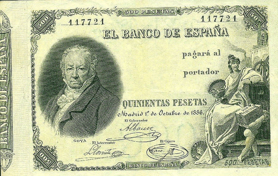 Anverso del billete de 500 pesetas del Banco de España de 1886, Goya