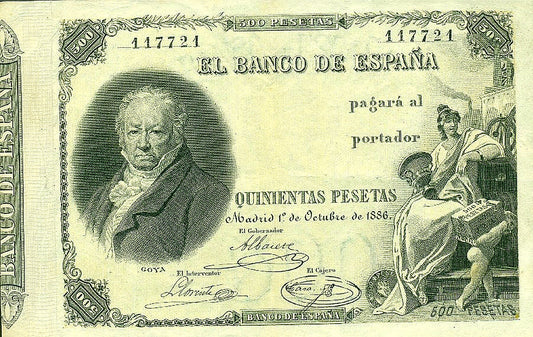 Anverso del billete de 500 pesetas del Banco de España de 1886, Goya