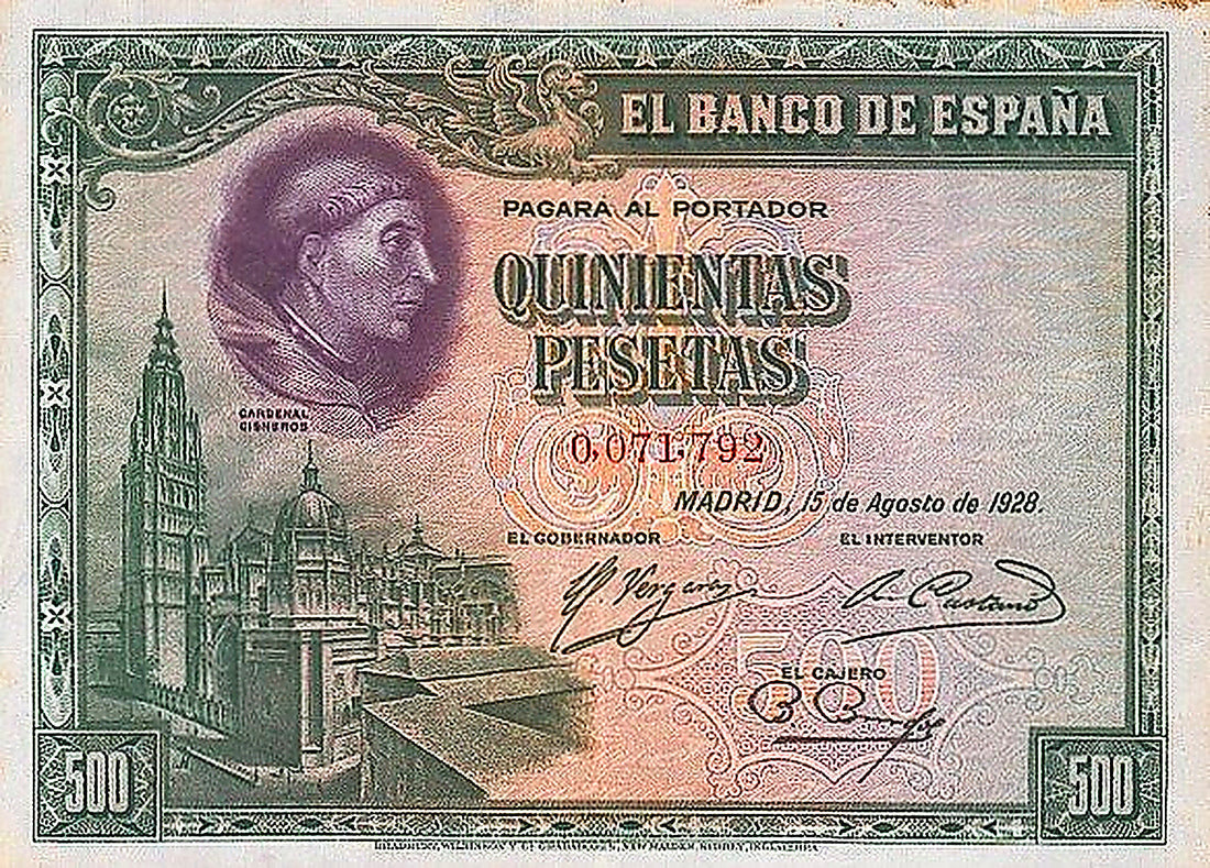 Anverso del billete de 500 pesetas del Banco de España del 15 de agosto de 1928, el cardenal Cisneros