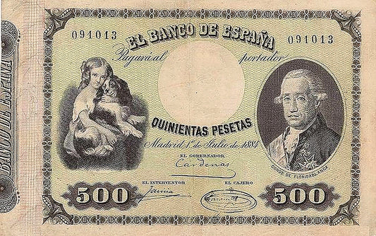Anverso del billete de 500 pesetas del Banco de España del 1 de julio de 1884, Floridablanca
