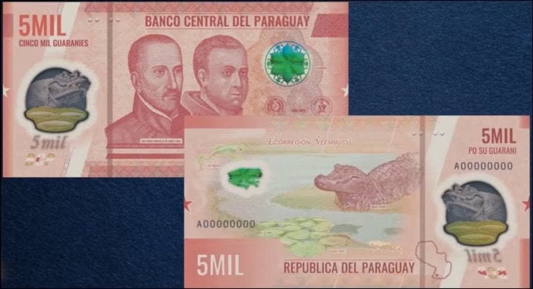 Nuevo billete de 5.000 guaraníes de Paraguay 2026 en polímero: anverso con San Roque González de Santa Cruz y Fray Juan de San Fernando, reverso con el yacaré de la Ecorregión Ñeembucú