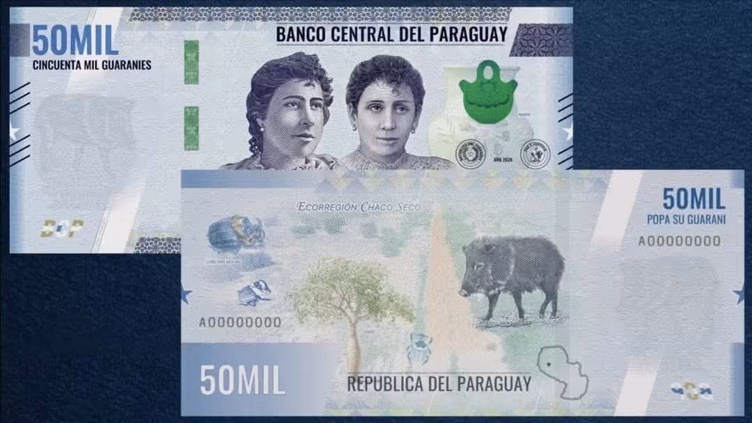 Nuevo billete de 50.000 guaraníes de Paraguay 2026: anverso con las maestras Celsa y Adela Speratti, reverso con el taguá de la Ecorregión Chaco Seco