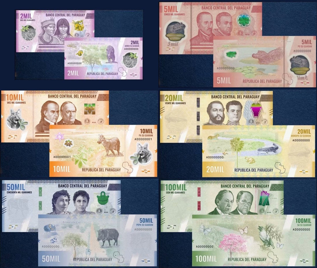 Los seis nuevos billetes del guaraní de Paraguay 2026 presentados por el Banco Central del Paraguay: 2.000, 5.000, 10.000, 20.000, 50.000 y 100.000 guaraníes, anverso y reverso