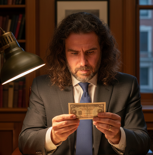 Fran, de Iberoamericana Banknotes, examinando con luz un billete antiguo antes de tasar una colección de Riosa