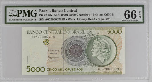 Brazil ND (1990) P-227 PMG Gem UNC 66 EPQ 5000 Cruzeiros