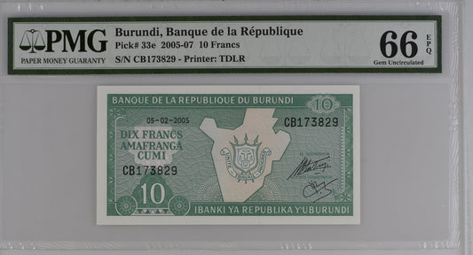 Burundi 5.2.2005 P-33e PMG Gem UNC 66 EPQ 10 Francs