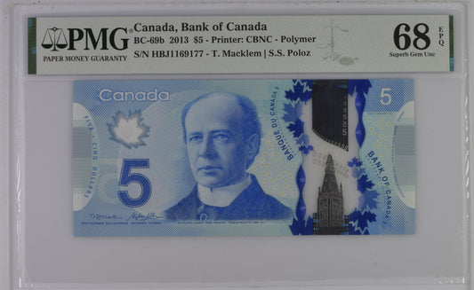 Canada 2013 BC-69b PMG Superb Gem UNC 68 EPQ 5 Dollars