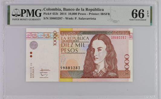 Colombia 3.8.2014 P-453t PMG Gem UNC 66 EPQ 10,000 Pesos