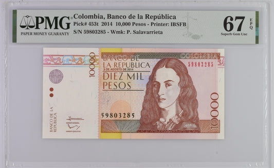 Colombia 3.8.2014 P-453t PMG Superb Gem UNC 67 EPQ 10,000 Pesos