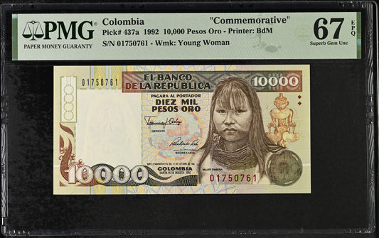 Colombia. 10000 Pesos 1992 P-437a First Date PMG 67 EPQ commemorative