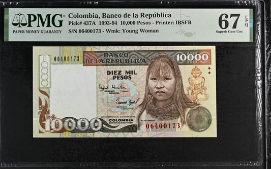 Colombia. 10000 Pesos 1994 P-437A PMG 67 EPQ