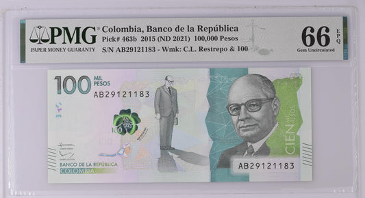 Colombia 2015 (ND 2021) P-463b PMG Gem UNC 66 EPQ 100,000 Pesos