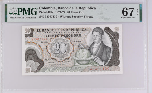 Colombia 20.7.1974 P-409c PMG Superb Gem UNC 67 EPQ 20 Pesos Oro
