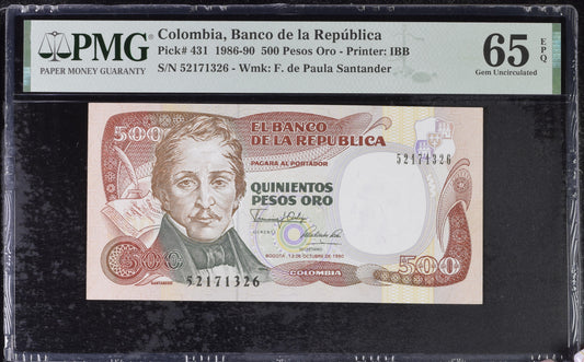 Colombia 12.10.1990 P-431 PMG Gem UNC 65 EPQ 500 Pesos Oro