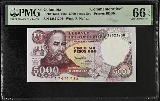 Colombia, 5000 Pesos, 1986, Rafael NuïÑEZ, P-434a, PMG66EPQ commemorative