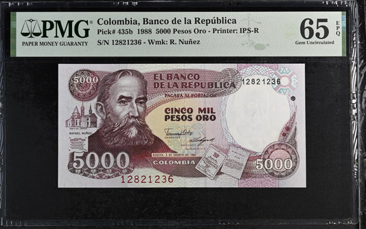Colombia. 5000 Pesos 1988 P-435b Rarest Date PMG 65 EPQ