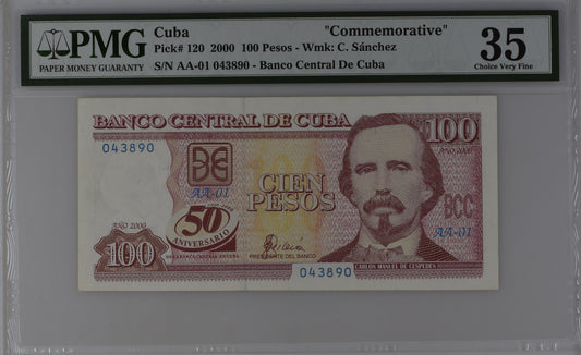 Cuba 2000 P-120 PMG Choice Very Fine 35 100 Pesos commemorative first prefix