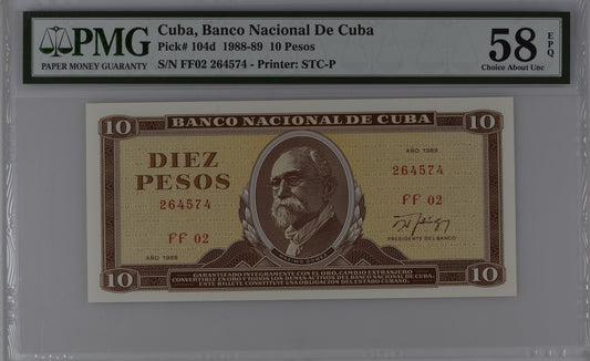 Cuba 1989 P-104d PMG Choice About UNC 58 EPQ 10 Pesos