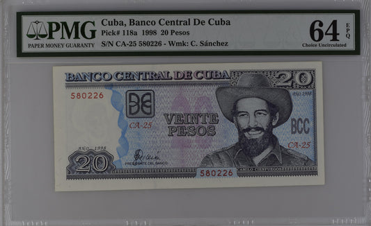 Cuba 1998 P-118a PMG Choice UNC 64 EPQ 20 Pesos
