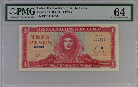 Cuba 1986 P-107a PMG Choice UNC 64 3 Pesos