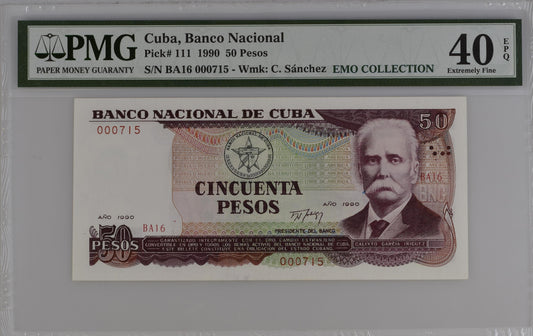 Cuba 1990 P-111 PMG Extremely Fine 40 EPQ 50 Pesos 3 digits