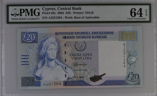 Cyprus 1.4.2004 P-63c PMG Choice UNC 64 EPQ 20 Pounds