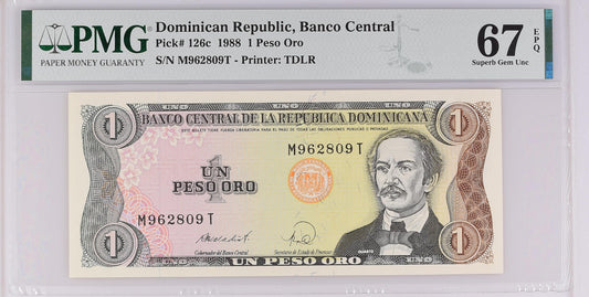 Dominican Republic 1988 P-126c PMG Superb Gem UNC 67 EPQ 1 Peso Oro