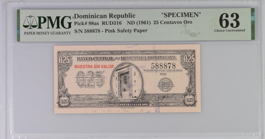 Dominican Republic ND (1961) P-88as PMG Choice UNC 63 25 Centavos Oro (Specimen)