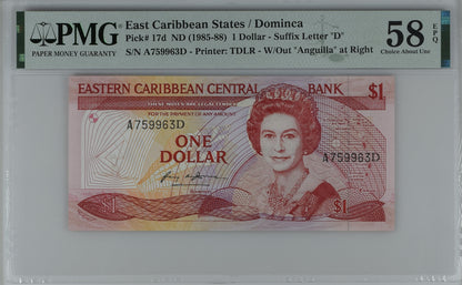 East Caribbean States / Dominica ND (1985-88) P-17d PMG Choice About UNC 58 EPQ 1 Dollar