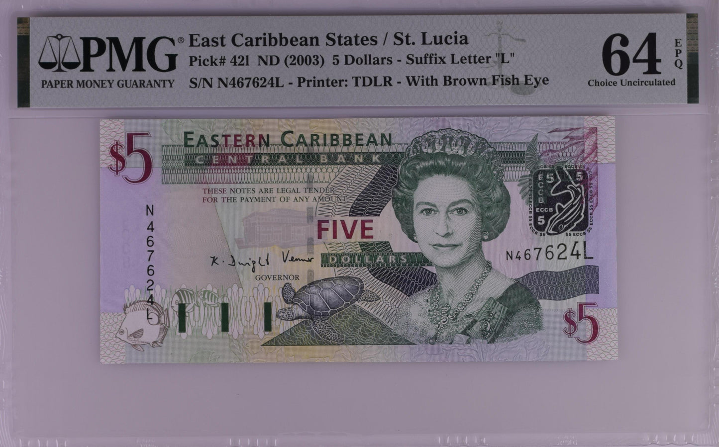 East Caribbean States / St. Lucia ND (2003) P-42l PMG Choice UNC 64 EPQ 5 Dollars