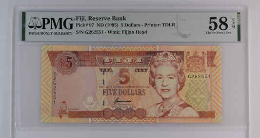 Fiji ND (1995) P-97 PMG Choice About UNC 58 EPQ 5 Dollars