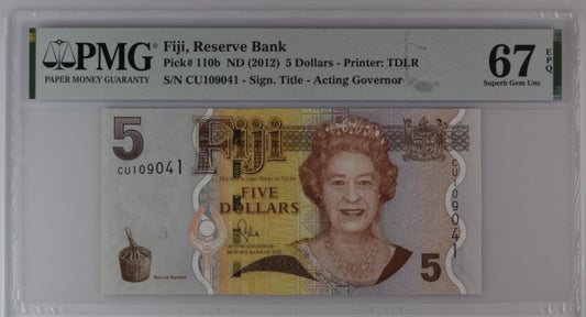 Fiji ND (2012) P-110b PMG Superb Gem UNC 67 EPQ 5 Dollars