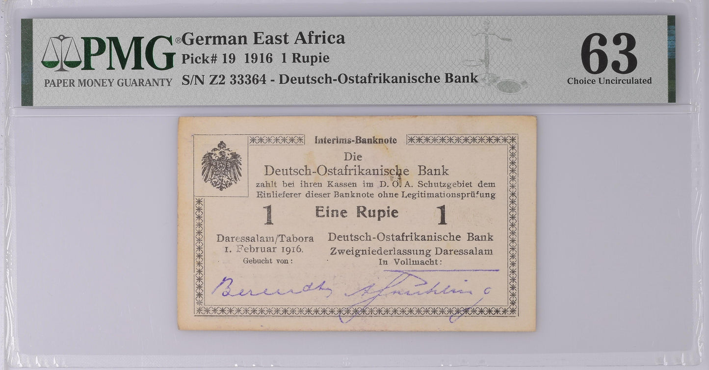 German East Africa 1.2.1916 P-19 PMG Choice UNC 63 1 Rupee