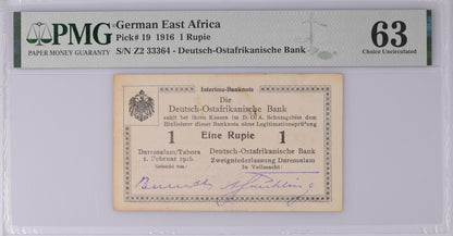 German East Africa 1.2.1916 P-19 PMG Choice UNC 63 1 Rupee