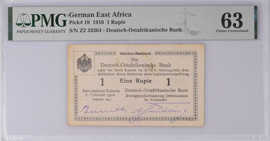 German East Africa 1.2.1916 P-19 PMG Choice UNC 63 1 Rupee