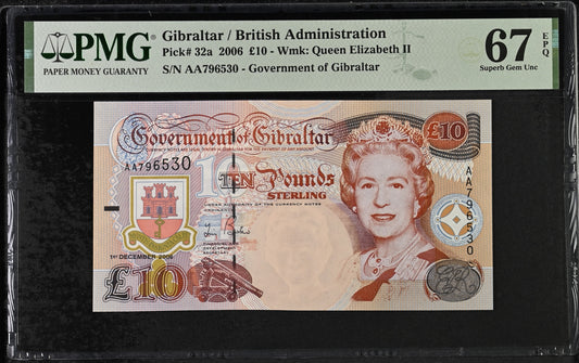 Gibraltar. 10 Pounds 2006 Elizabeth II P-32a AA Prefix PMG 67 EPQ