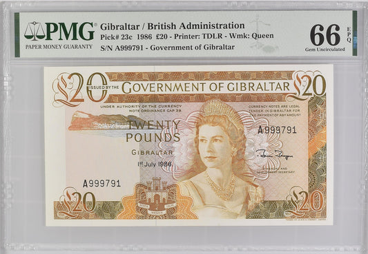 Gibraltar 20 Pounds 1986 P-23c PMG 66 EPQ