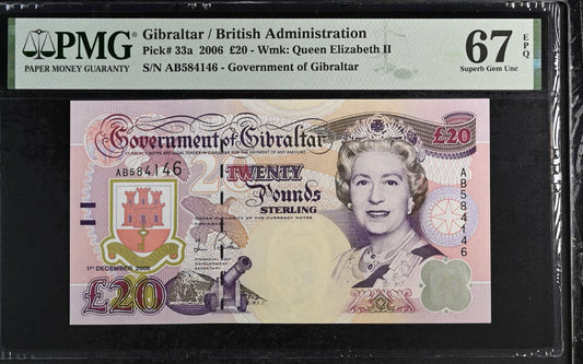 Gibraltar. 20 Pounds 2006 Elizabeth II P-33a AB Prefix PMG 67 EPQ