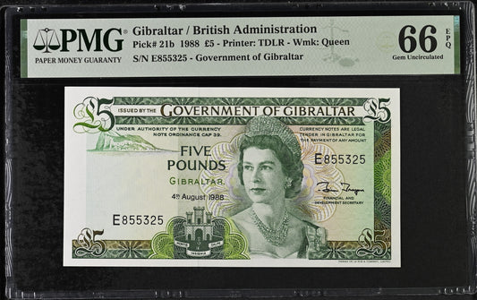 Gibraltar. 5 Pounds 1988 Elizabeth II P-21b Last Date for Type PMG 66 EPQ