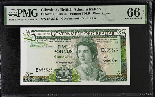 Gibraltar. 5 Pounds 1988 Elizabeth II P-21b Last Date for Type PMG 66 EPQ