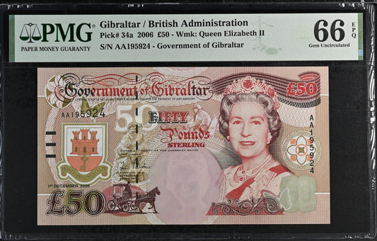 Gibraltar. 50 Pounds 2006 Elizabeth II P-34a Prefix AA PMG 66 EPQ