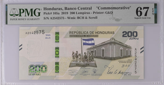Honduras 2019 P-105a PMG Superb Gem UNC 67 EPQ 200 Lempiras