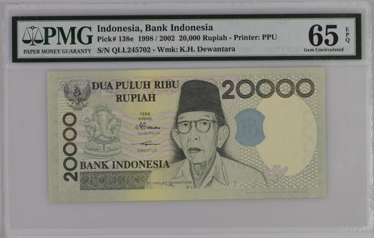 Indonesia 1998 / 2002 P-138e PMG Gem UNC 65 EPQ 20,000 Rupiah