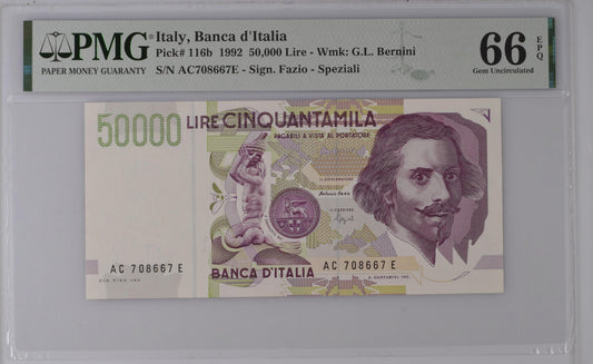 Italy 1992 P-116b PMG Gem UNC 66 EPQ 50,000 Lire
